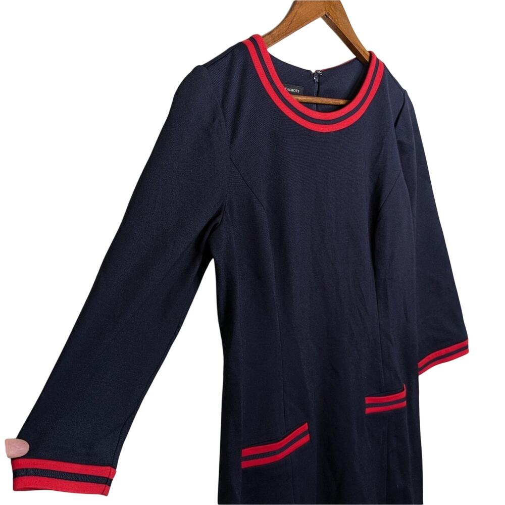 Talbots Career Shift Midi Dress 10 Navy Blue Red Trim Modest Ponte Knit Office - Picture 3 of 9